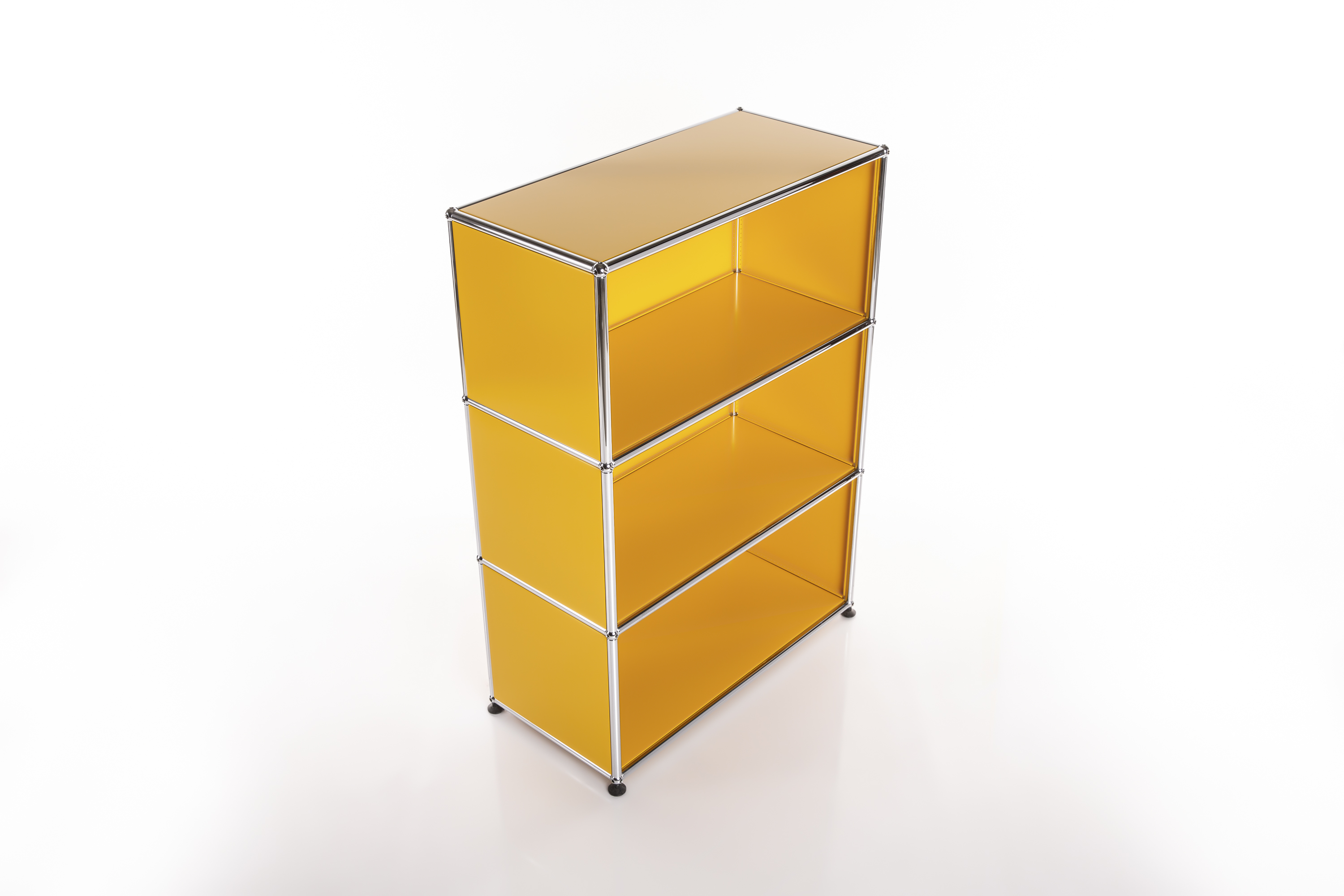 A narrow, tall shelving unit with three open compartments. Shiny silver metal struts form the rectangular structure. Sides and shelves in a translucent, bright yellow. Resting on small black feet.