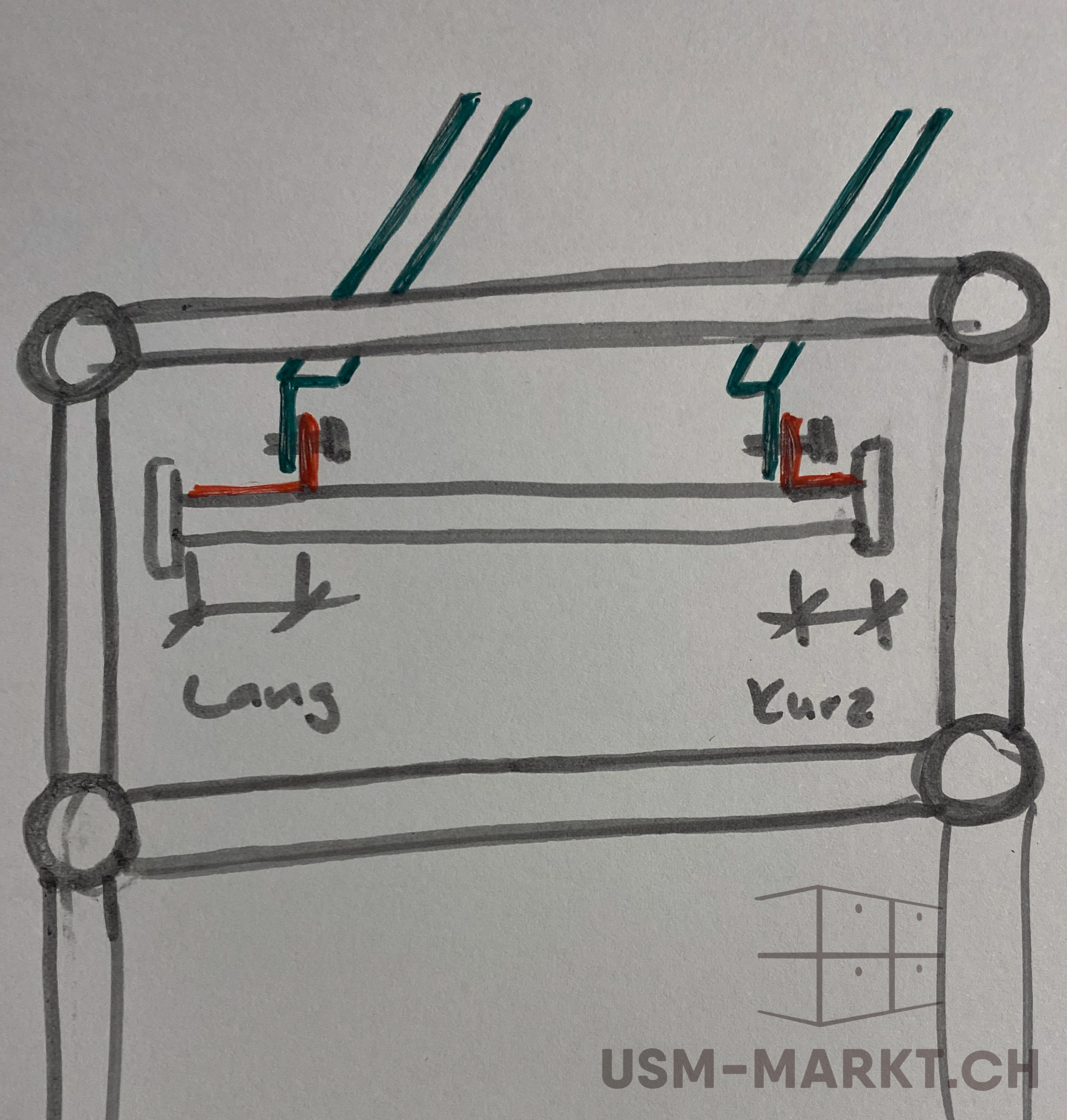 Hand-drawn sketch of a modular furniture system on white paper: a frame with rounded corners, two horizontal grey rails. Green brackets support red connecting elements with an additional grey rod. Labelled ‘Long’ and ‘Short’.