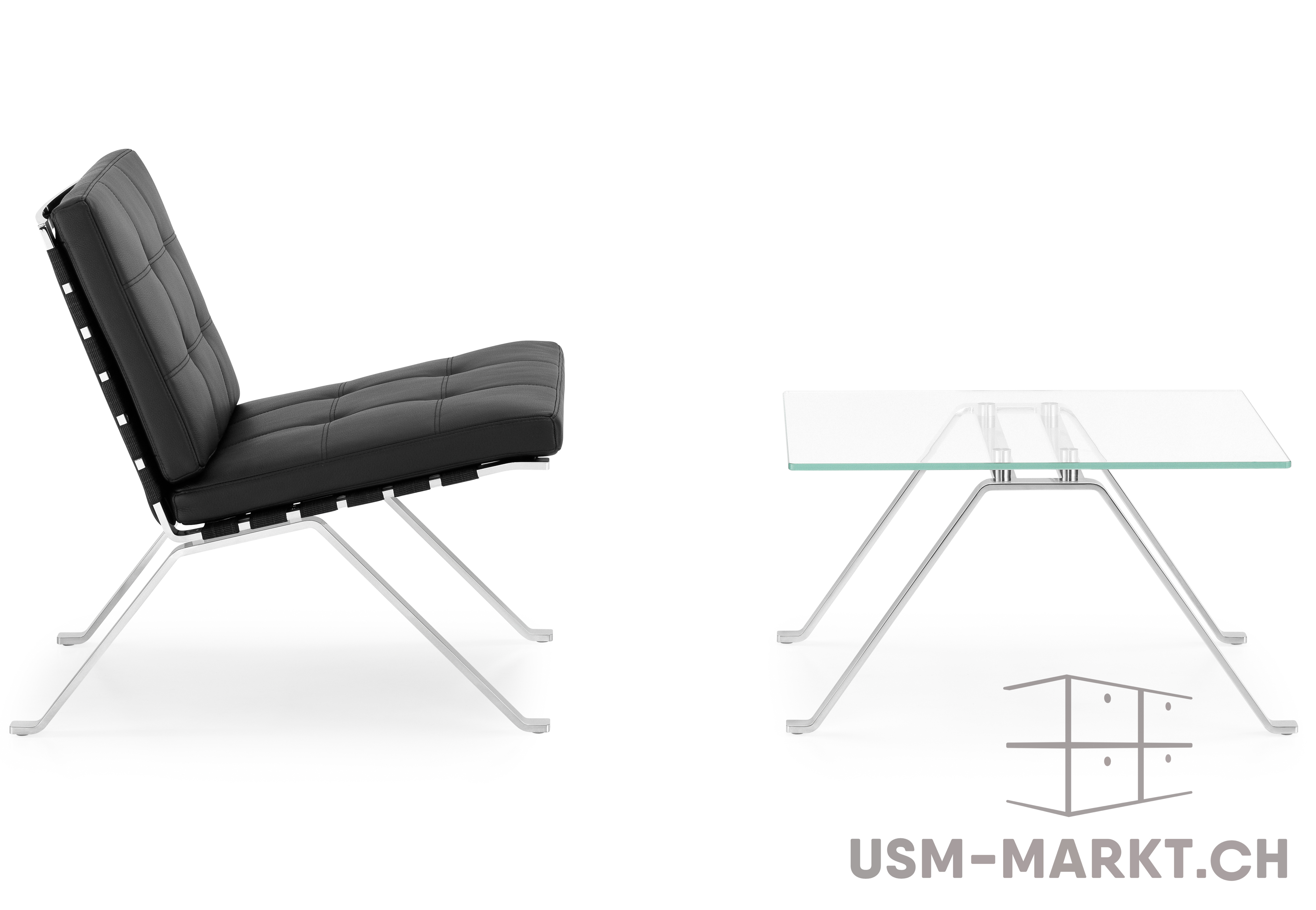 On the left is an elegant black leather armchair with quilted upholstery and a slender chrome-plated frame. To the right is a rectangular glass coffee table with chrome-plated legs that slope outwards, on white.