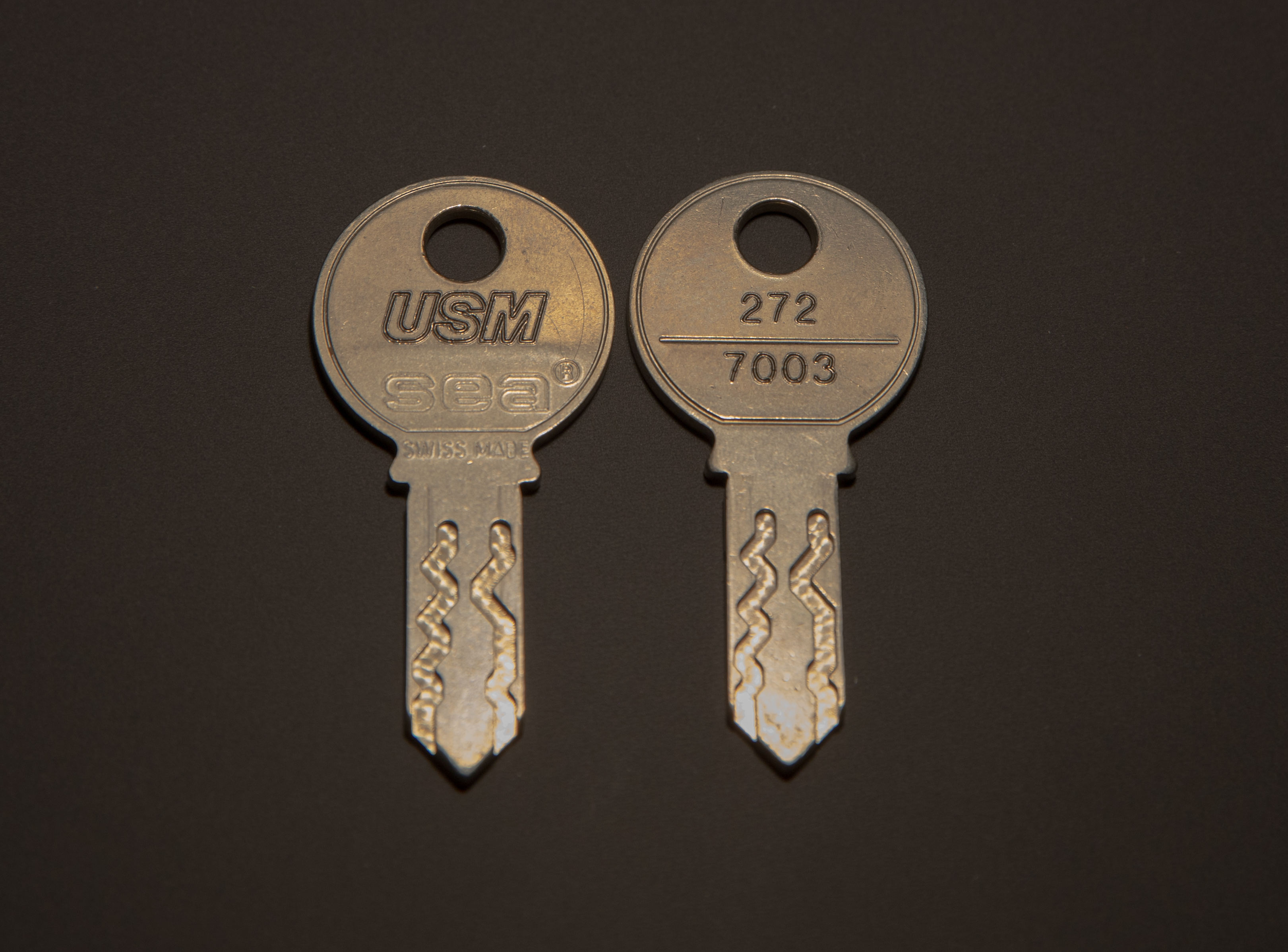 Zwei identische Metallschlüssel liegen nebeneinander auf dunkler Oberfläche. Links steht "USM sea® SWISS MADE", rechts "272" und "7003". Beide haben runde Köpfe mit Loch und ein komplexes, wellenförmiges Profil.