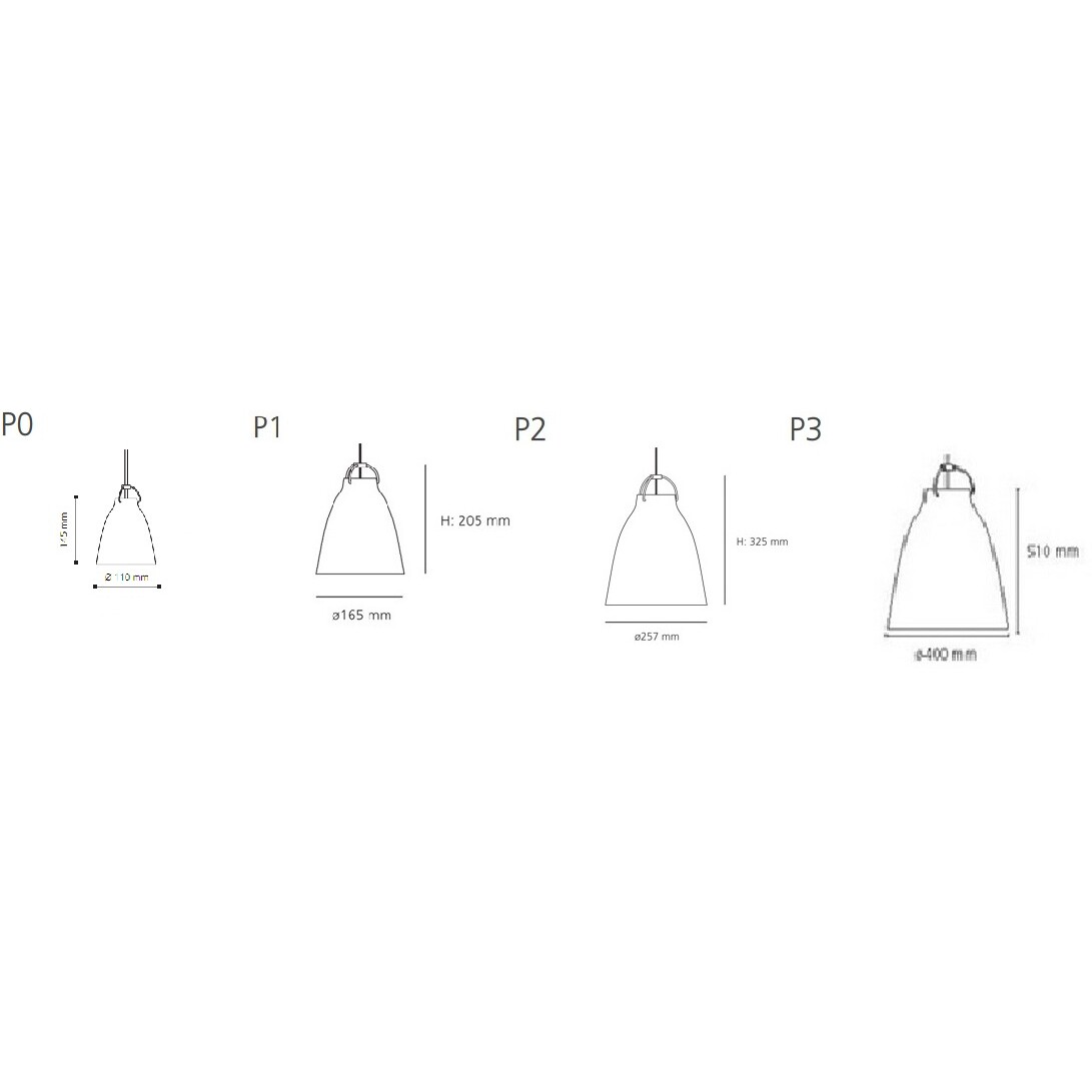 Schema di quattro lampade a sospensione con paralume a campana, in ordine crescente di dimensioni (P0–P3). Ogni lampada riporta misure in mm (altezza e diametro) per evidenziare le differenze di taglia.