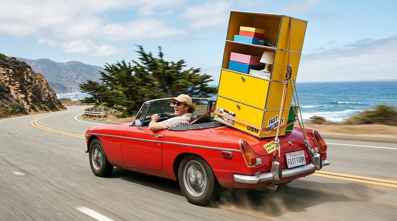 Ein lächelnder Mann fährt in einem roten Cabrio eine kurvige Küstenstraße entlang. Hinten ist ein hoher gelber modularer Regalschrank festgeschnallt, gefüllt mit bunten Boxen, Lampe und Büchern. Berge und blaues Meer.