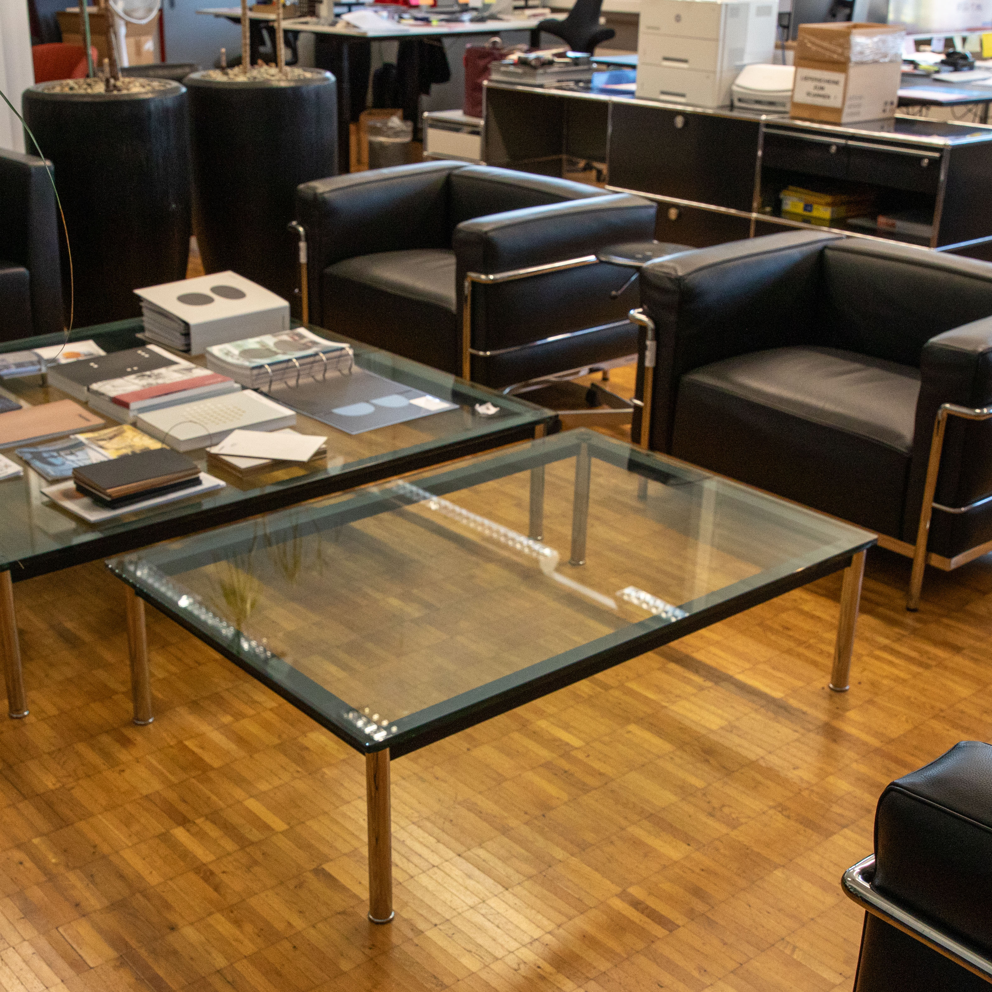 A stylish office lounge area.