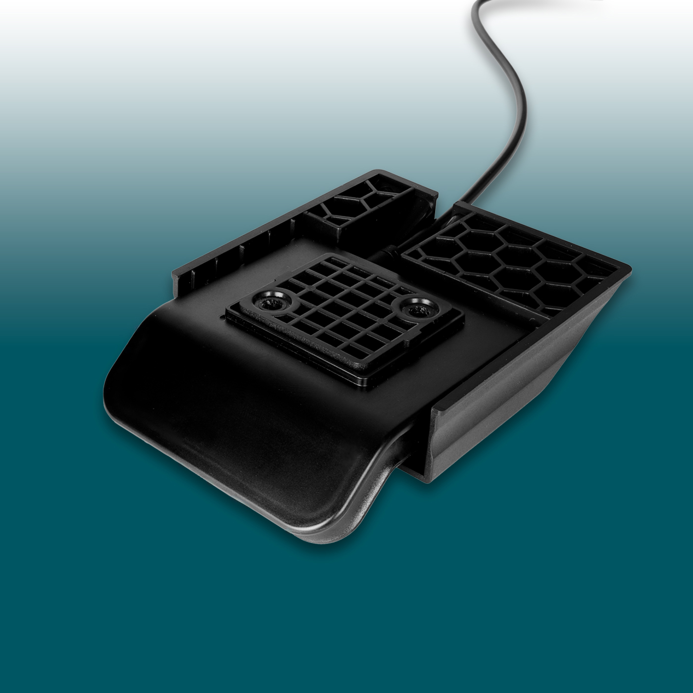 Black plastic device with a rounded underside and two hinged sections. Inside, grid-like structures: one square, the other hexagonal. Black cable attached to one section. Set against a background ranging from light blue to dark green.