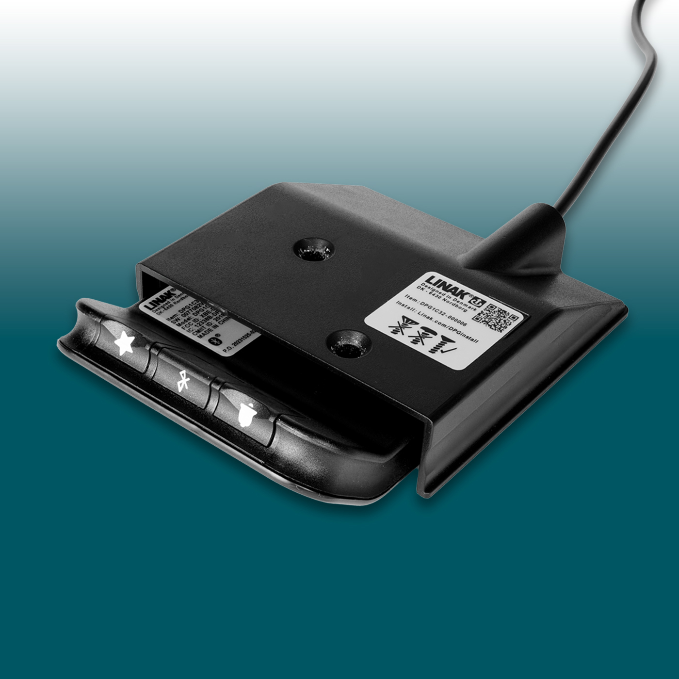 A black rectangular electronic device with a connected cable, set against a blue-turquoise background. Featuring a control panel and four illuminated icon buttons: star, Bluetooth, Apple logo, bell. Linak product labels are visible.