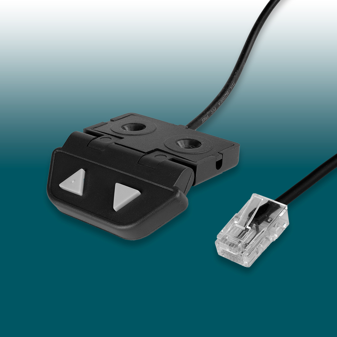Black control unit with two light grey, triangular buttons to the left and right. Connected via a black cable with a transparent RJ45 connector on the left of the image. Background: a gradient from light turquoise blue to dark petrol blue.